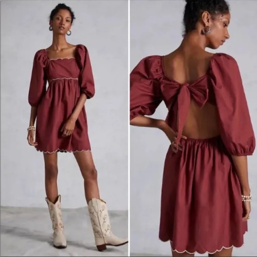 NWT Anthropologie Forever That Girl Scalloped Puff Sleeve Cotton Mini Dress XL